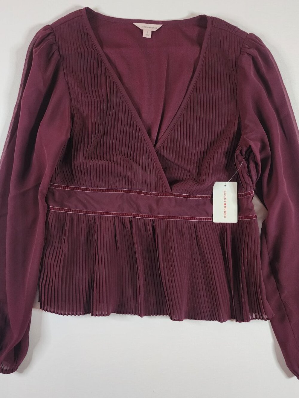 Lucky Brand Burgundy Pleated Peplum Blouse S Romantic Boho Sheer Sleeve NWT